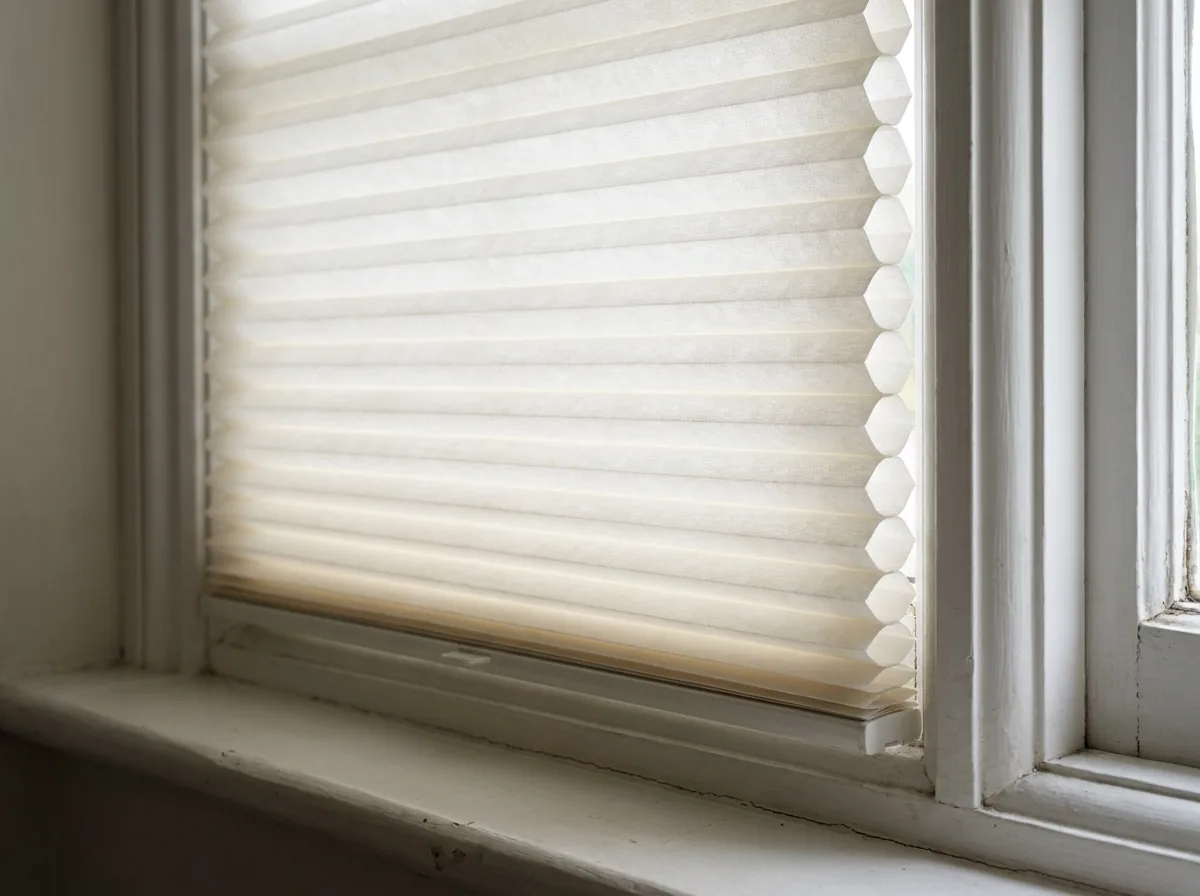 Cellular honeycomb blind showing its rows of hexagonal air cells at the edge of a small white-painted cottage window
