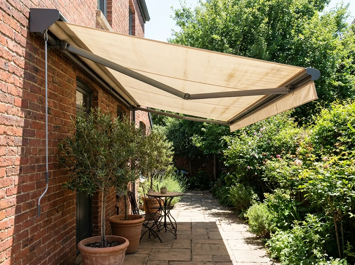 Folding-arm awning cantilevered over a narrow paved courtyard behind an old brick cottage, no posts on the ground
