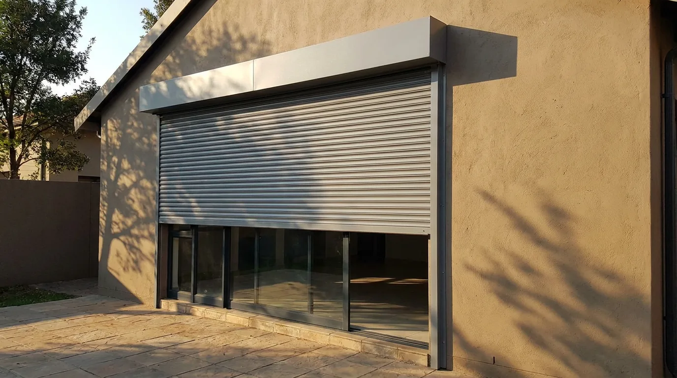 External aluminium roller shutter with rigid slats part-lowered over a glazed sliding door on the west side of a house