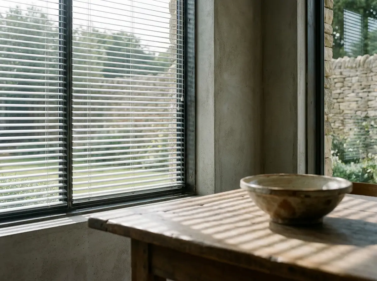 Slim aluminium venetian blind fitted inside a steel-framed dining room window, slats half open, cool midday light across the table edge