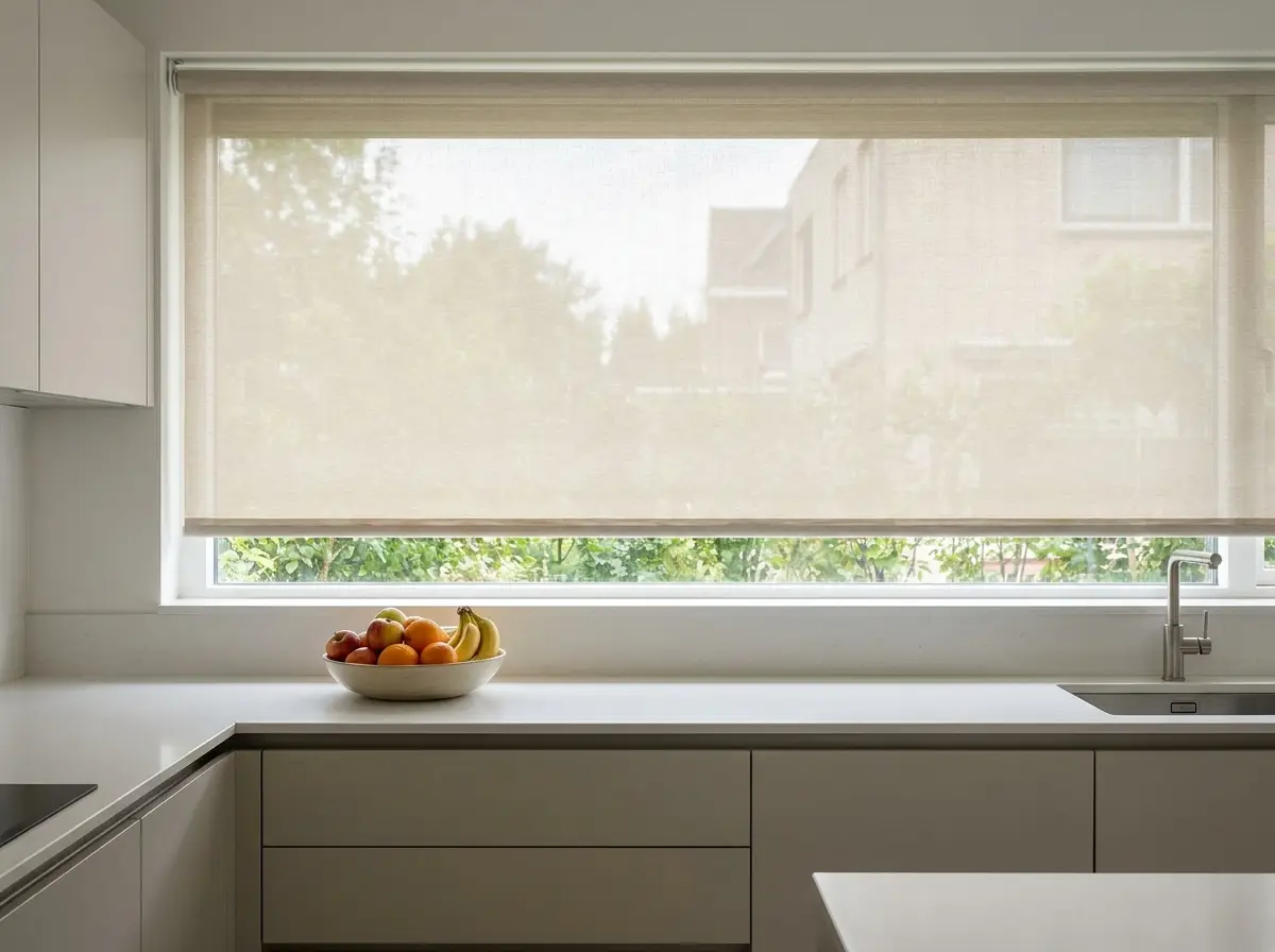 Sunscreen roller blind fully lowered over a wide kitchen window above the countertop, midday sun softly diffused