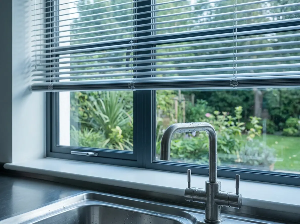 Slim aluminium venetian blind fitted inside a steel-framed kitchen window above the sink, slats tilted up, cool morning light